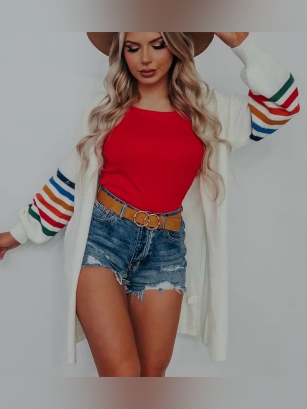 . Shop Hope’s Rainbow Ivory Long Sleeve Striped Open Knit Mid-length Cardigan